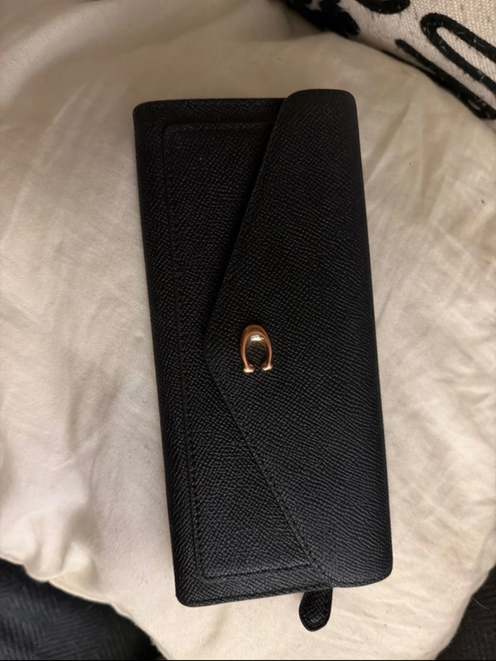 Coach Black Leather Envelope Wallet with Gold Horsebit Accent